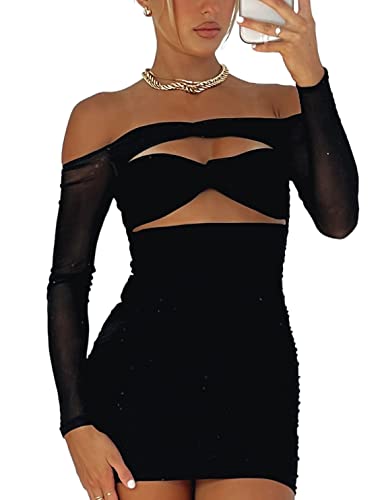 Just Quella Club Outfits for Women Sheer Long Sleeves Off- The Shoulder Black Mesh Dress (US,8-10)