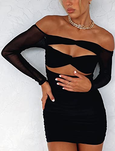Just Quella Club Outfits for Women Sheer Long Sleeves Off- The Shoulder Black Mesh Dress (US,8-10)