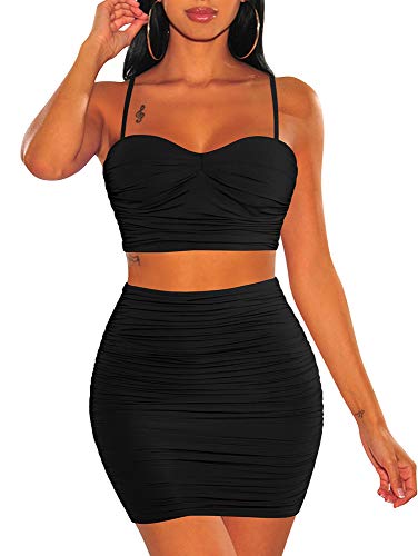 BEAGIMEG Women's Spaghetti Strap Sexy Top Bodycon Skirt Ruched 2 Piece Mini Dress Black