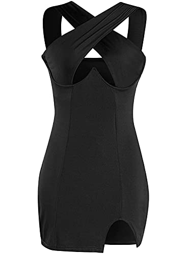 LYANER Women's Cut Out Halter Wrap Sexy Bodycon Party Sleeveless Tank Mini Dress Black Medium
