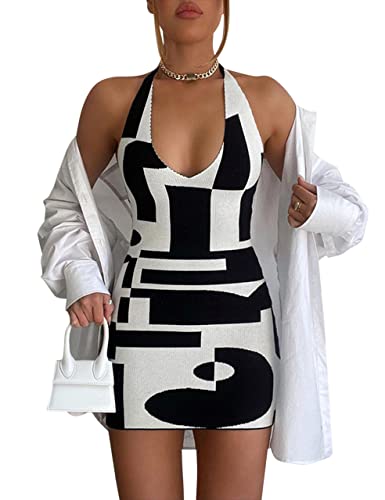 MISSACTIVER Women’s Halter Neck Sleeveless Bodycon Dress Sexy Deep V Neck Backless Bandage Summer Casual Mini Dress Black