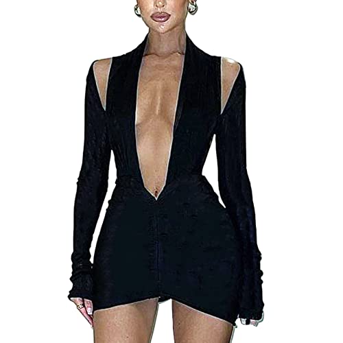SHIPPOOOU Women Sexy Deep V Neck Long Sleeve Backless Dress Cut Out Bodycon Ruched Mini Club Dresses Black