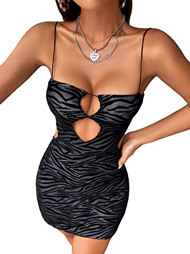 SOLY HUX Women's Sexy Cut Out Cami Dress Zebra Print Spaghetti Strap Bodycon Mini Dresses Black L