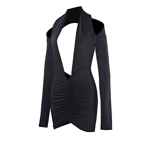 SHIPPOOOU Women Sexy Deep V Neck Long Sleeve Backless Dress Cut Out Bodycon Ruched Mini Club Dresses Black