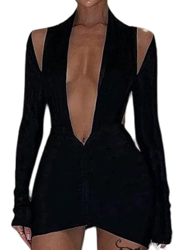 Hilinker Women's Sexy Deep V Neck Bodycon Dress Long Sleeve Ruched Cut Out Mini Party Dresses Black Large