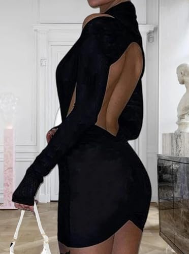 Hilinker Women's Sexy Deep V Neck Bodycon Dress Long Sleeve Ruched Cut Out Mini Party Dresses Black Large