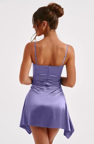 Memoriesea Women's Satin Sleeveless Spaghetti Strap Ruched Sexy Mini Club Party Dress Purple
