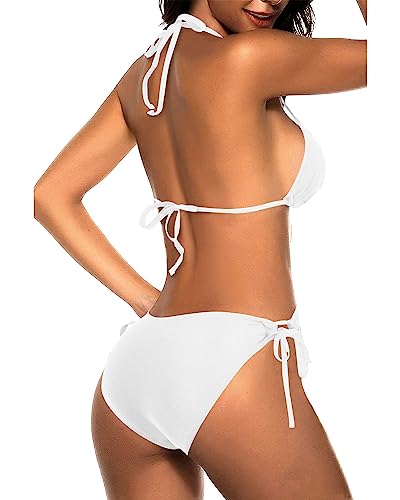 Tempt Me Women White Triangle Bikini Sets Halter Two Piece Sexy Swimsuit String Tie Side Bathing Suit L