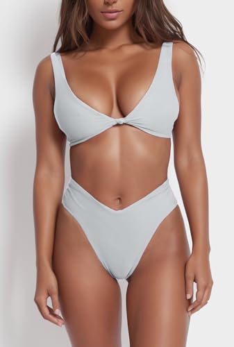 Womens Thong Bikini Swimsuits Set White Solid V Neck Brazilian High Cut Cheeky High Waisted Two Piece Bathing Suit L