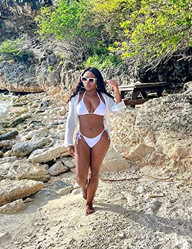 ATENGNES Women's 2 Piece Swimsuit Halter String Bikini Adjustable Bathing Suit with Padded White