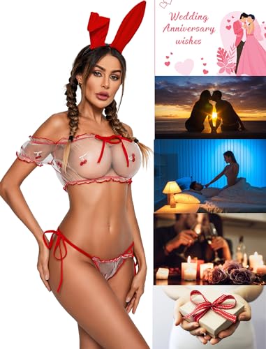 Avidlove Bra and Panty Set Ruffle Lingerie Set Mesh Babydoll Chemise Red Cherry X-Small
