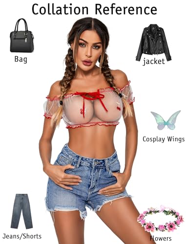 Avidlove Bra and Panty Set Ruffle Lingerie Set Mesh Babydoll Chemise Red Cherry X-Small