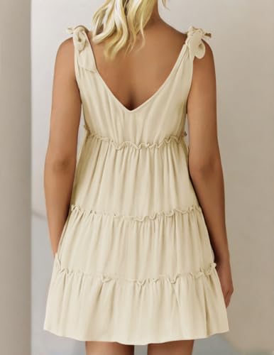 ZESICA Womens Summer Casual V Neck Sleeveless Mini Dress 2024 Tie Shoulder Tiered Ruffle Swing A Line Short Sundresses,Apricot,Small