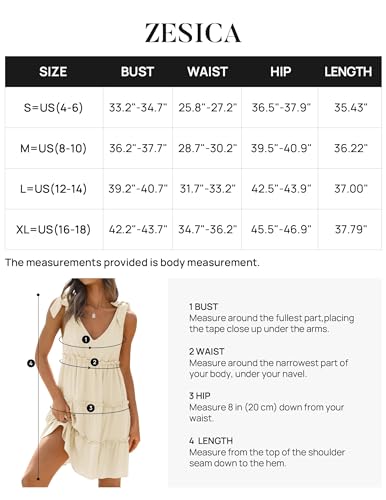 ZESICA Womens Summer Casual V Neck Sleeveless Mini Dress 2024 Tie Shoulder Tiered Ruffle Swing A Line Short Sundresses,Apricot,Small