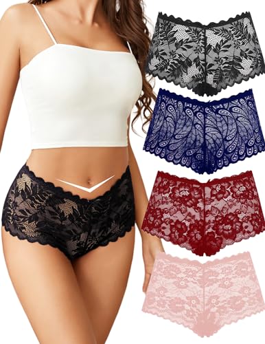 Avidlove Women's Underwear Sexy V-Waist Boy Shorts Underwear for Women Lace High Waist Cheeky Panties 4 Pack
