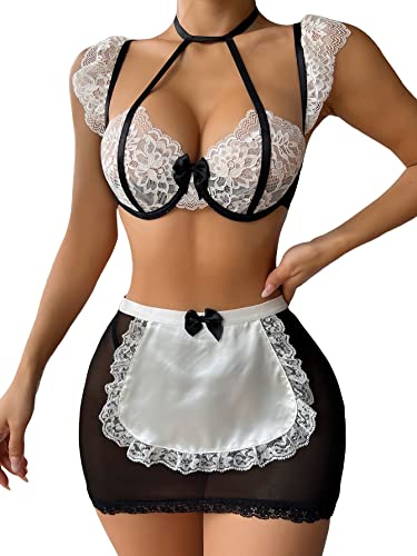 WDIRARA Women's 3 Piece Sets Contrast Lace Colorblock Bow Front Low Rise Underwire Halter Lingerie Set Black and White M