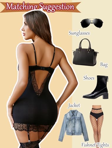 Avidlove Women Lingerie Teddy Bodysuit with Garter Belt Lace Babydoll Full Slips No Stockings (Black1, Large)