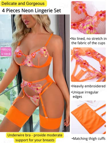 Kaei&Shi Glow in the Dark Lingerie for Women,Underwire Floral Embroidered Sexy Lingerie Set,Blacklight Matching 4 Piece Lingerie Petite Neon Orange X-Small