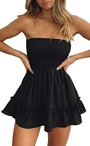 Tsher Tube Top Dress for Women Summer Solid Strapless Mini Dresses, Off The shoudle Ruffle Beach Dress (S, Black Strapless Mini Dresses)…