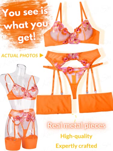 Kaei&Shi Glow in the Dark Lingerie for Women,Underwire Floral Embroidered Sexy Lingerie Set,Blacklight Matching 4 Piece Lingerie Petite Neon Orange X-Small