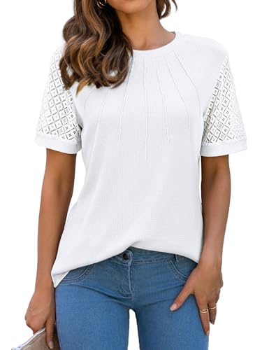 Blooming Jelly Women's Dressy Casual Blouses Business Work Tops White Short Sleeve Waffle Knit T Shirts 2024 Trendy Summer Outfits (White,Large)