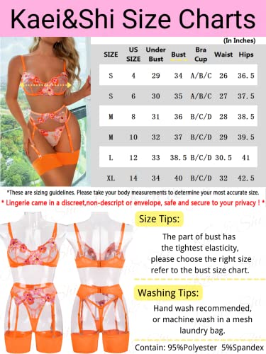 Kaei&Shi Glow in the Dark Lingerie for Women,Underwire Floral Embroidered Sexy Lingerie Set,Blacklight Matching 4 Piece Lingerie Petite Neon Orange X-Small