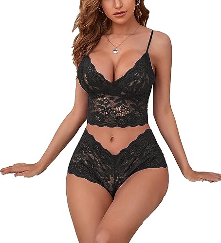 Floral Lace Pajamas Lingerie Set - Black
