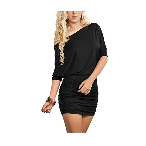 Anxihanee Women's Sexy Off The Shoulder Slope Neck Short Sleeve Ruched Bodycon Mini Club Dress (XXL, Black)