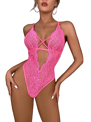 SOLY HUX Women's Floral Lace Criss Cross Deep V Neck Teddy Lingerie Bodysuit Babydoll Plain HotPink L