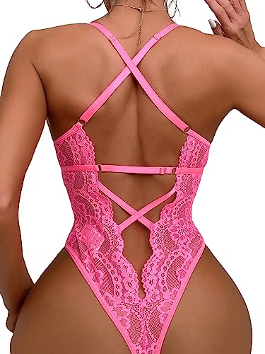 SOLY HUX Women's Floral Lace Criss Cross Deep V Neck Teddy Lingerie Bodysuit Babydoll Plain HotPink L