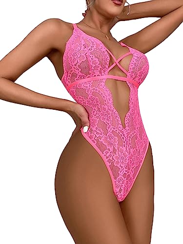 SOLY HUX Women's Floral Lace Criss Cross Deep V Neck Teddy Lingerie Bodysuit Babydoll Plain HotPink L