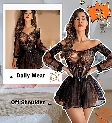 Avidlove Sexy Lingerie for Women Lace Babydoll Lingerie Dress Long Sleeve Lingerie Nightwear Chemise Nightie, Black, L