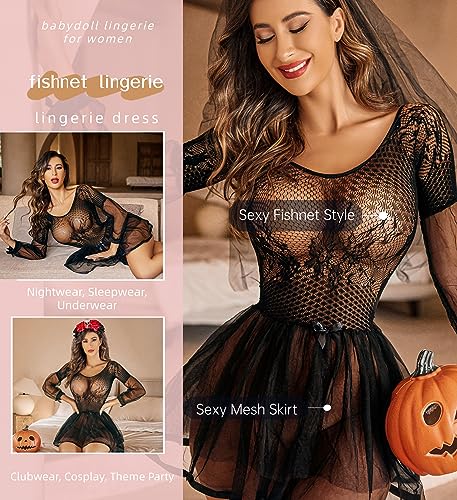 Avidlove Sexy Lingerie for Women Lace Babydoll Lingerie Dress Long Sleeve Lingerie Nightwear Chemise Nightie, Black, L