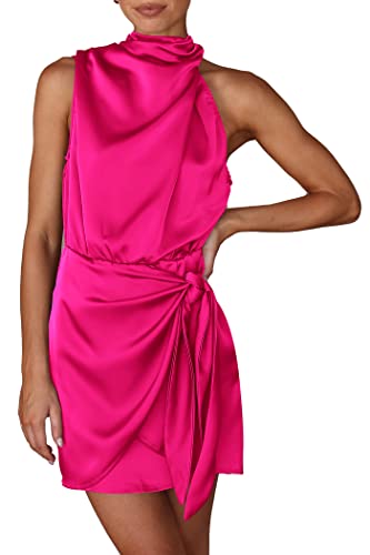 PRETTYGARDEN Women's Short Formal Satin Dress Summer Sleeveless Mock Neck Tie Waist Cocktail Party Dresses (Rose Red,Small)