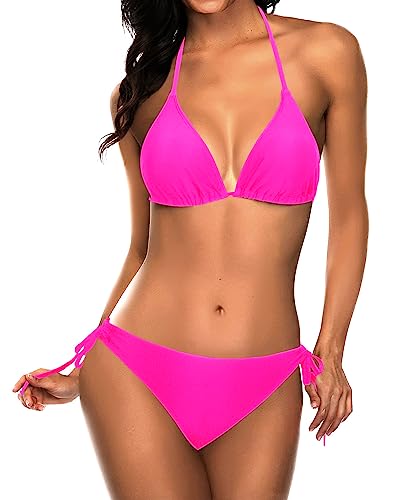 Tempt Me Women Hot Pink Triangle Bikini Sets Halter Two Piece Sexy Swimsuit String Tie Side Bathing Suit L