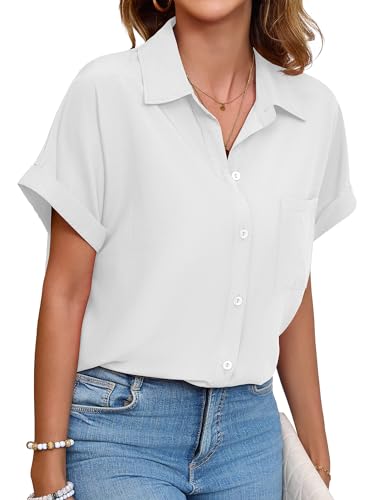 Poplab Womens Button Down Shirt Casual Short Sleeve Collared Shirt Work Blouse with Pocket(White,2XL)