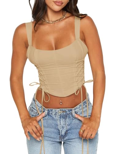 Tankaneo Women Corset Tops Lace Up Boned Bodyshaper Bustier Zip Back Y2K Cropped Going Out Tops