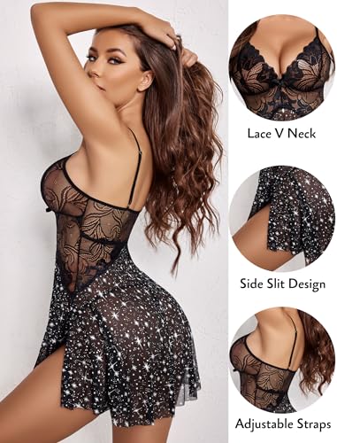 Avidlove Sexy Lingerie for Women Lace Babydoll Strap Chemise Nightgown Sleepwear Side Slit Nightdress