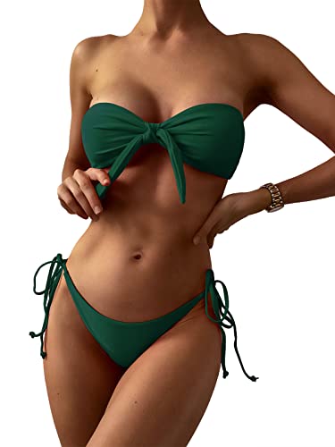 ZAFUL Knotted Bandeau Bikini for Women Strapless Swimsuits High Cut Bathing Suit Sexy Cheeky Tie Side Swimwear Deep Green M