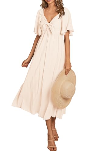 PRETTYGARDEN Summer Dress for Women 2024 Casual Short Sleeve Bow Tie V Neck Ruffle Midi Flowy Dresses (Beige,Large)