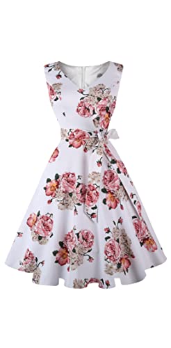 Dressever Women's 50s 60s Vintage Sleeveless Cocktail Party Dress with Pockets Pink Flower L