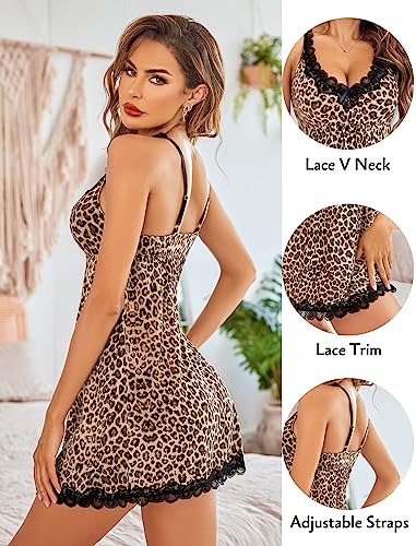 Avidlove Women Sleepwear Sexy Nighty Lace Nightgown Babydoll Chemise Lingerie Full Slip Nightwear Leopard
