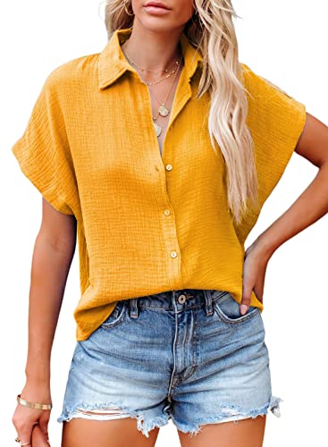Dokotoo 2024 Women's Stylish Spring Summer V Neck Button Down Batwing Short Sleeve Shirts Solid Cotton Elegant Oversized Blouse Tops for Women Ladies Orange M