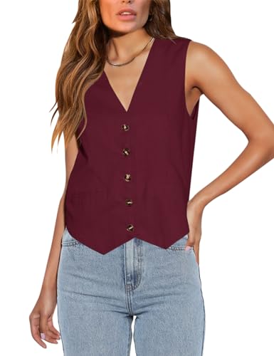 Floral Find Womens Casual Button Down Sleeveless Vest Fully Lined V Neck Business Jacket Waistcoat with Pocket (Wine Red, X-Large)