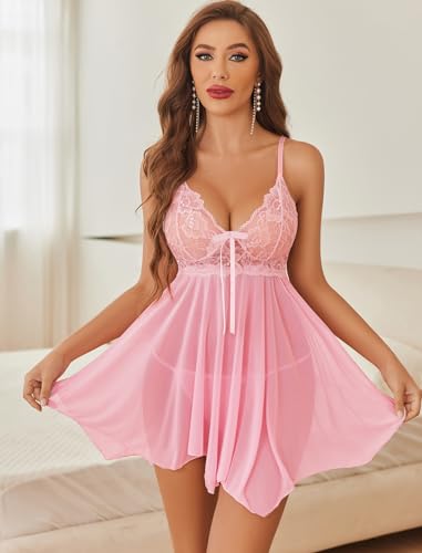 Avidlove Lingerie for Women Sexy Babydoll Lace Chemise V Neck Mesh Sleepwear Plus Size Boudoir Nightwear Baby Pink M