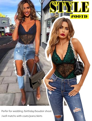 Avidlove Women One Piece Lingerie Deep V Teddy Contrast Lace Bodysuit Mini Babydoll (Green,L)