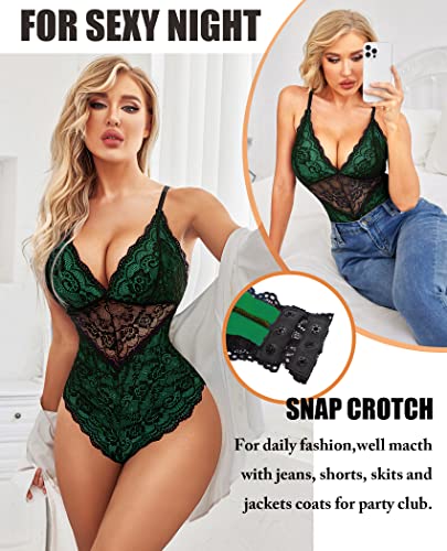 Avidlove Women One Piece Lingerie Deep V Teddy Contrast Lace Bodysuit Mini Babydoll (Green,L)