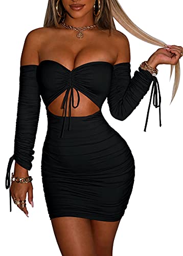 GOBLES Women's Sexy Tube Long Sleeve Cutout Drawstring Ruched Bodycon Mini Club Dress Black