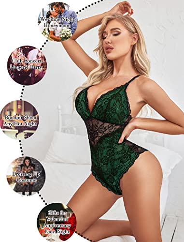 Avidlove Women One Piece Lingerie Deep V Teddy Contrast Lace Bodysuit Mini Babydoll (Green,L)