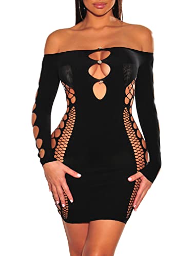 ZileZile Women's Sexy Off Shoulder Rhinestone Mesh Bodycon Dress Hollow Out Club Mini Dress Black